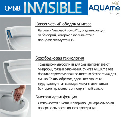 Унитаз подвесной c технологией смыва Invisible, безободковый, с крышкой микролифт, белый, AQUAme AQM2002PRO