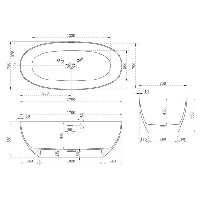 Ванна из искусственного камня Vincea VBT-6S01MW, 1700*750*550